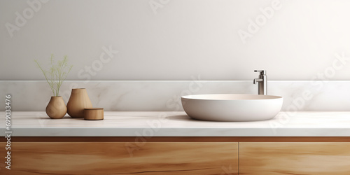 Close up view of empty modern contemporary wooden sink counter for copy space