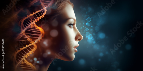 Concept of biochemistry with dna molecule, Human face, DNA on dark background.