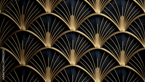 Seamless golden Art Deco scallop palm fan line pattern.  photo