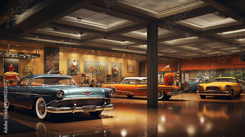 A classic car showroom with automobiles, 