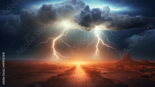 Two powerful lightning bolts passed through the cloud and struck the ground. 3D rendering