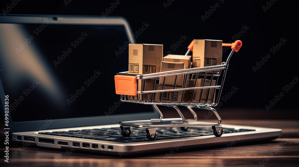 Paper boxes in a trolley and shopping bag on laptop computer