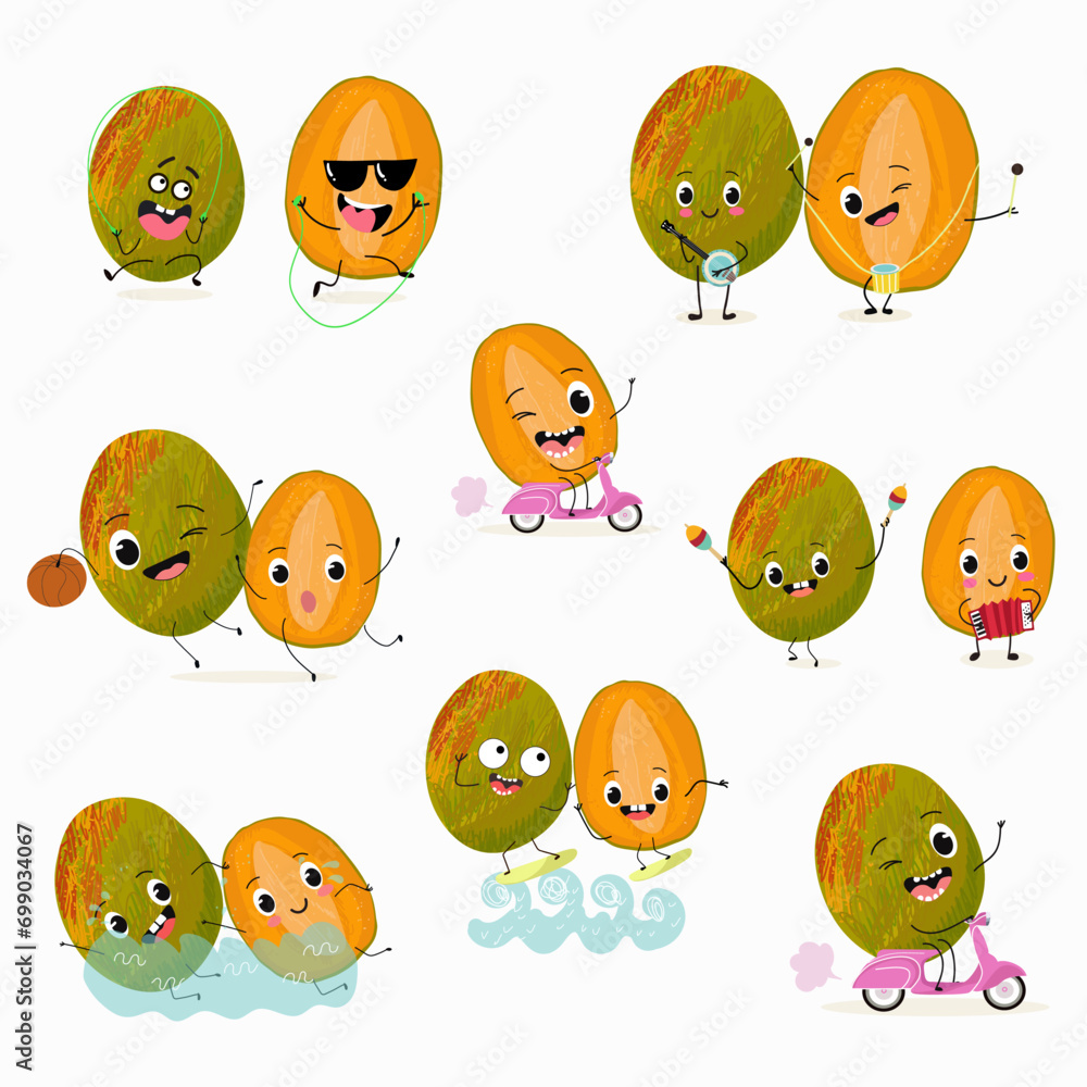 Cute cartoon mango character set, collection. Flat vector illustration. Activities, playing musical instruments, sports, funny fruits.