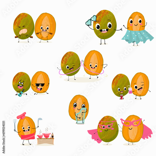 Cute cartoon mango character set, collection. Flat vector illustration. Activities, playing musical instruments, sports, funny fruits.