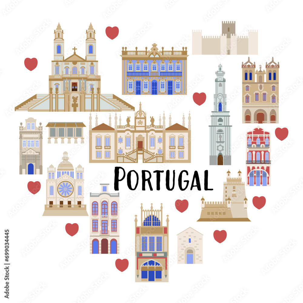 Set with architectural landmarks of Portugal, the illustration is made in a flat style for wallpaper background, gift packaging, souvenir product design, postcards and notebooks for tourists Set with architectural landmarks of Portugal, the illustration is made in a flat style for wallpaper background, gift packaging, souvenir product design, postcards and notebooks for tourists