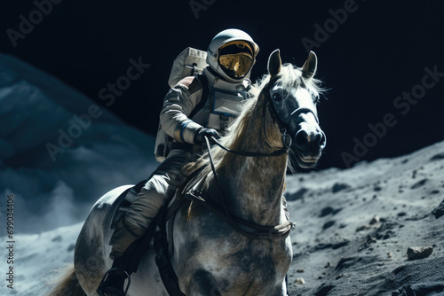 Fényképezés An astronaut in full space suit riding a white horse against the stark lunar lan