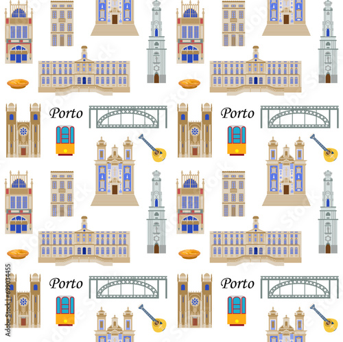 Seamless pattern with the sights of Porto Portugal, the illustration is made in a flat style for wallpaper background, gift packaging, souvenir product design, postcards and notebooks for tourists