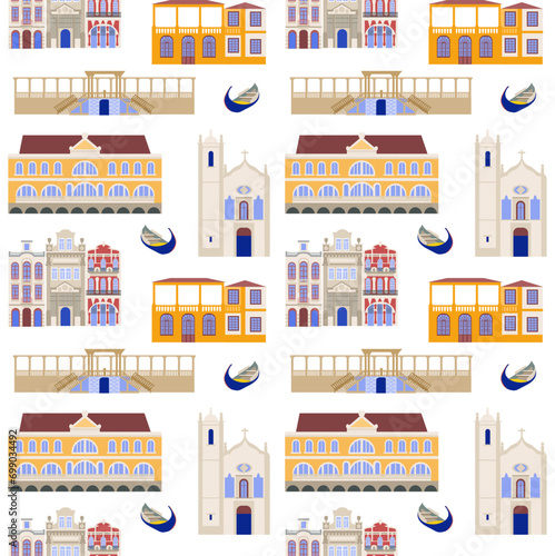 КSeamless pattern with the sights of Aveiro, Portugal, the illustration is made in a flat style for wallpaper background, gift packaging, souvenir product design, postcards and notebooks for tourists