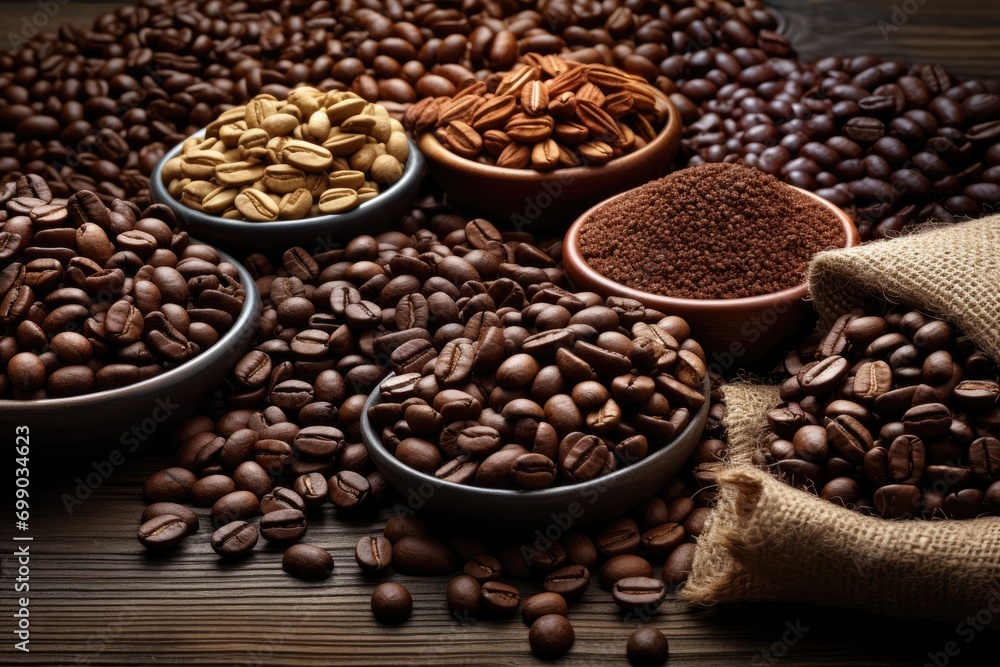 Fototapeta premium A close-up of roasted coffee beans, highlighting the rich texture and depth of color, perfect for depicting the essence of coffee