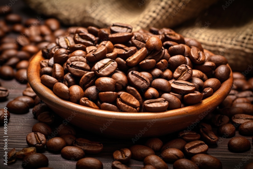 Fototapeta premium A close-up of roasted coffee beans, highlighting the rich texture and depth of color, perfect for depicting the essence of coffee
