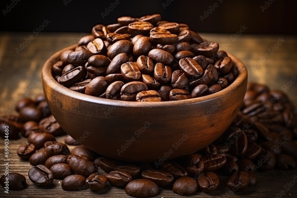 Fototapeta premium A close-up of roasted coffee beans, highlighting the rich texture and depth of color, perfect for depicting the essence of coffee