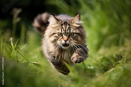 A Maine Coon cat strides through a bed of autumn leaves, its fur illuminated by soft sunlight, capturing the essence of fall