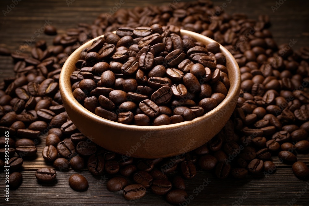 Fototapeta premium A close-up of roasted coffee beans, highlighting the rich texture and depth of color, perfect for depicting the essence of coffee