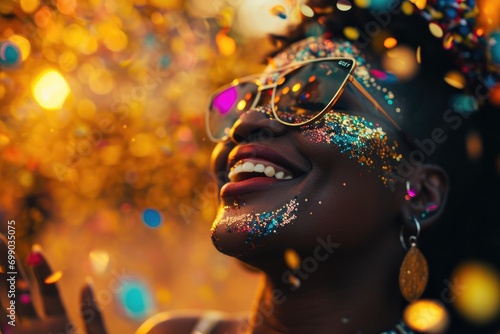 A cheerful black woman with sunglasses and a hat, covered in sparkles, laughs as she is surrounded by colorful confetti, capturing the spirit of celebration © ChaoticMind