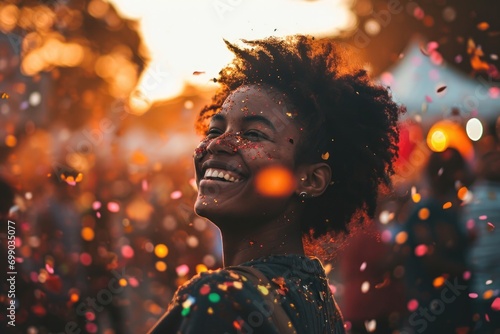 A cheerful black woman with sunglasses and a hat, covered in sparkles, laughs as she is surrounded by colorful confetti, capturing the spirit of celebration photo