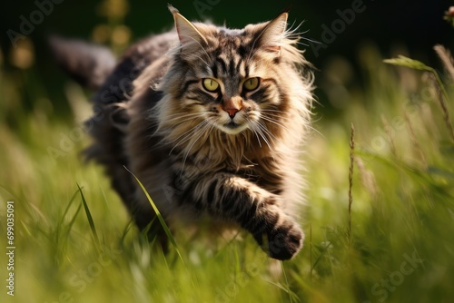 A Maine Coon cat strides through a bed of autumn leaves, its fur illuminated by soft sunlight, capturing the essence of fall