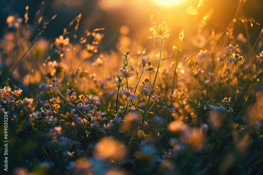 A serene meadow full of wildflowers caught in the warm, golden light of the setting sun, evoking a sense of peace and natural splendor