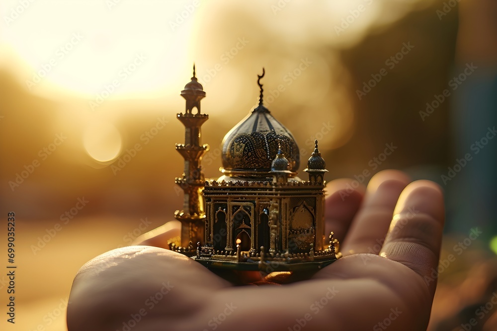 illustration of a hand holding a miniature of a mosque illustration of a hand holding a miniature of a mosque