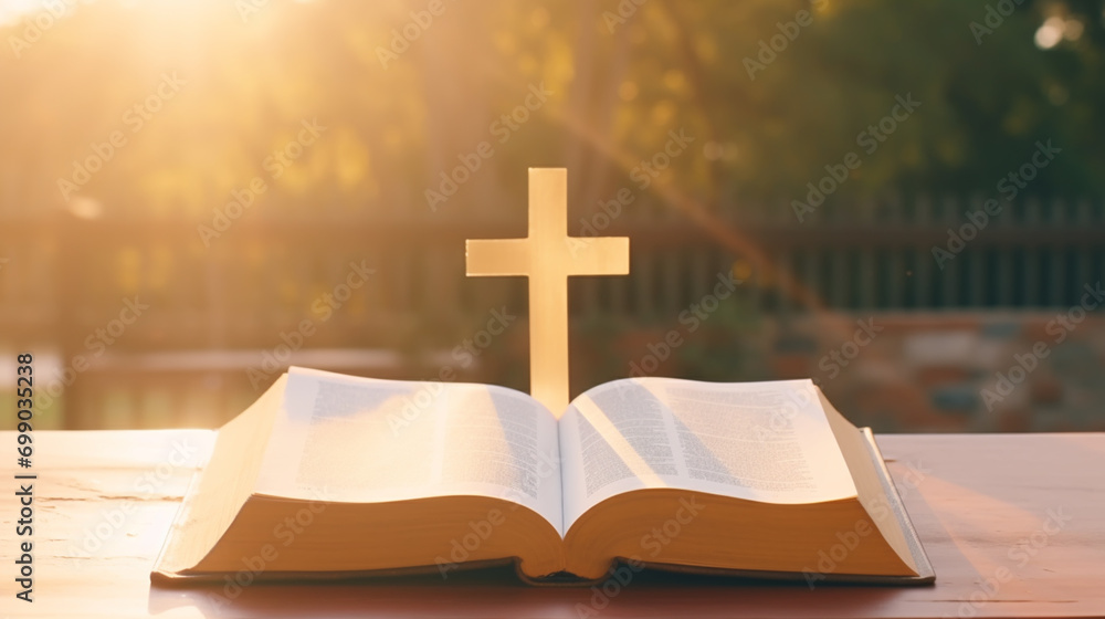 Open book on old wooden table with cross