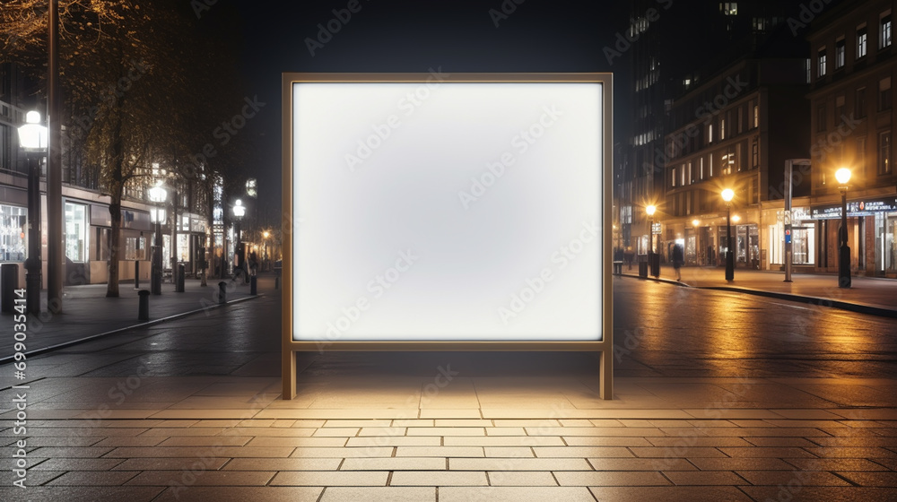 Empty space advertisement board, blank white signboard on roadside in city, blank billboard in city in night time