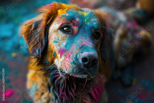 A dog's portrait covered in vibrant, multicolored paint splatters, giving a whimsical and artistic expression to the animal's curiosity