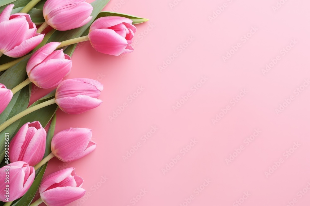 A flat lay composition of pink tulips arranged on a soft pink backdrop background A flat lay composition of pink tulips arranged on a soft pink backdrop background
