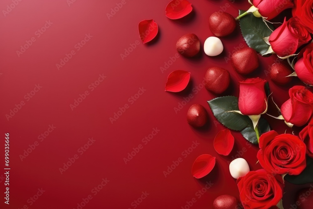 A luxurious flat lay arrangement of vivid red roses and glittering hearts on a solid color background for Valentines day A luxurious flat lay arrangement of vivid red roses and glittering hearts on a solid color background for Valentines day