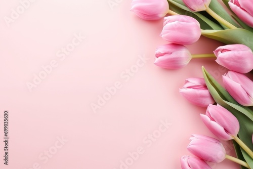 A flat lay composition of pink tulips arranged on a soft pink backdrop background