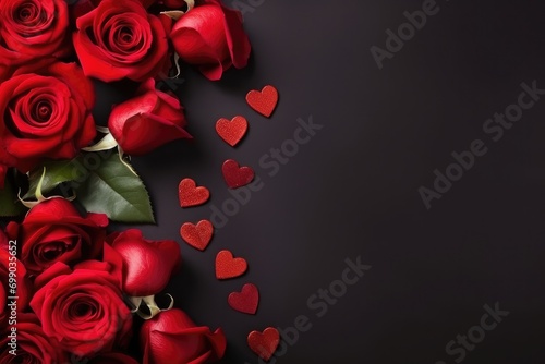 A luxurious flat lay arrangement of vivid red roses and glittering hearts on a solid color background for Valentines day photo