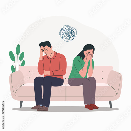 Sad woman and man sitting on the sofa with head in hands.Doldrums concept. Vector flat cartoon  illustration