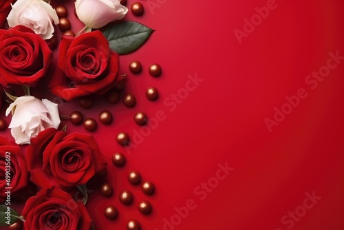 A luxurious flat lay arrangement of vivid red roses and glittering hearts on a solid color background for Valentines day