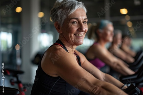 Active senior women with joyful expressions exercising on stationary bikes in a fitness center