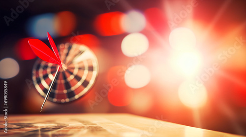 Red dart arrow hit in the target center of dartboard photo