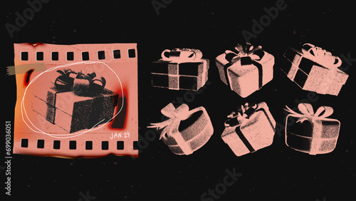 Set of vintage gift box stickers and burned filmstrip with a grainy photocopy effect for anti-design. Grunge dotted elements with stipple effect. Vector illustration.