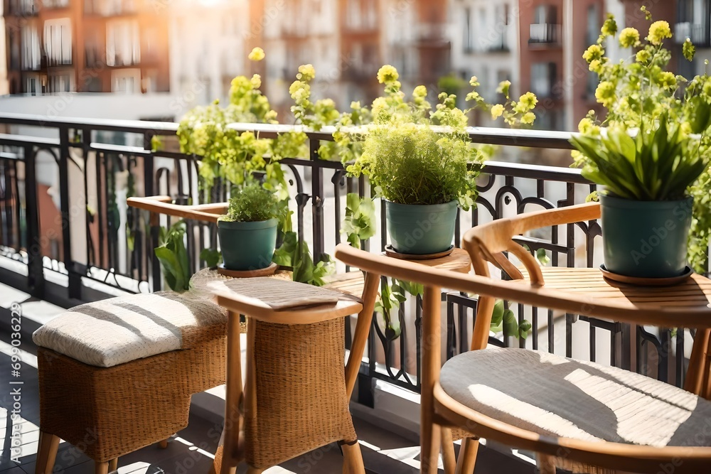 Beautiful balcony or terrace with chairs, natural material decorations and green potted flowers plants. Sunny stylish balcony home terrace with city background