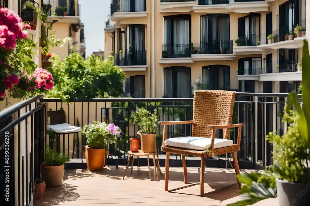 Beautiful balcony or terrace with chairs, natural material decorations and green potted flowers plants. Sunny stylish balcony home terrace with city background
