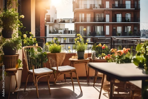 Beautiful balcony or terrace with chairs  natural material decorations and green potted flowers plants. Sunny stylish balcony home terrace with city background