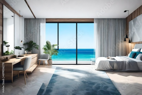 Minimalist bedroom interior with ocean sea view. Modern coastal interior. Summer, travel, vacation, dreams holiday © Ateeq