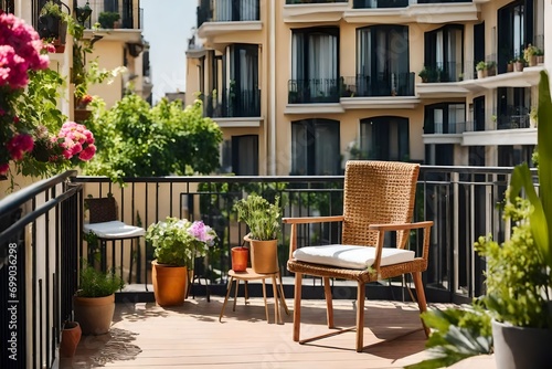 Beautiful balcony or terrace with chairs, natural material decorations and green potted flowers plants. Sunny stylish balcony home terrace with city background