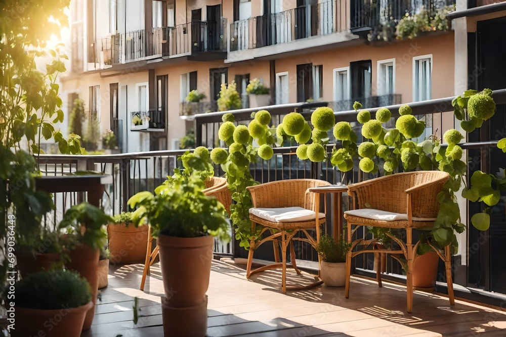 Beautiful balcony or terrace with chairs, natural material decorations and green potted flowers plants. Sunny stylish balcony home terrace with city background