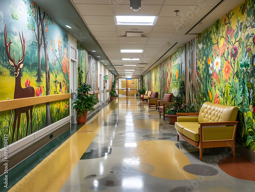Vibrant Hospital Hallway with Colorful Deer Murals and Elegant Terrazzo Flooring - Serene Healthcare Environment Concept