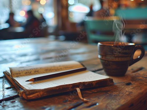 Vintage Leather Journal and Pencil on Rustic Wooden Desk with Steaming Coffee Cup, Blurred People in Background - Concept of Nostalgia, Creativity, and Tranquil Coffee Break photo