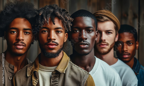 Diverse Group of Five Young Men Displaying Unity in Diversity, with Focused Expressions on a Neutral Background © Bartek