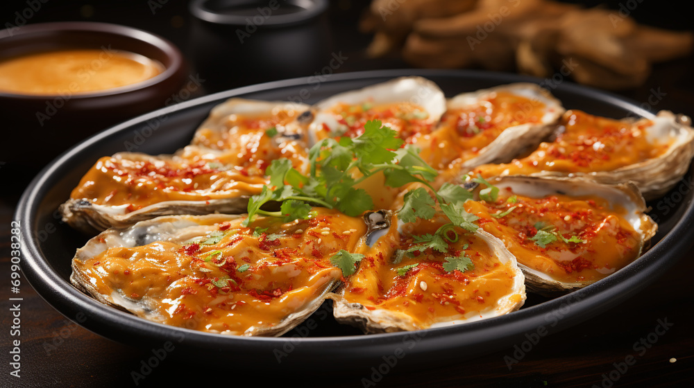 Fresh oysters with lime on a round plate. Oyster season. Macro-seafood dish. Oyster on the half shell. Fresh oysters with lime on a round plate. Oyster season. Macro-seafood dish. Oyster on the half shell.