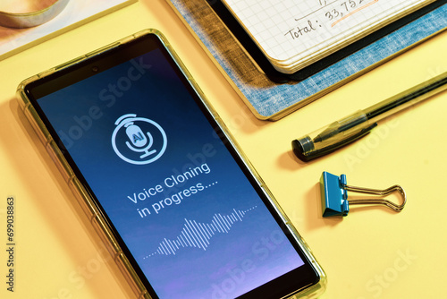 Smartphone screen displaying voice cloning using artificial intelligence in progress. Text to speech synthesis or real time voice cloning approach concept.
