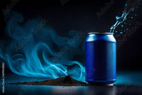 blue drink can beverage template , liquid splatter and dynamic smoke background