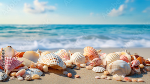 Sea shells on sand summer vacation