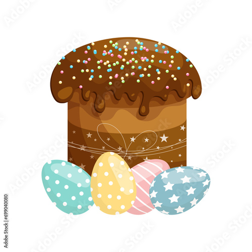 Easter cake with icing  and Easter eggs. Easter illustration, vector