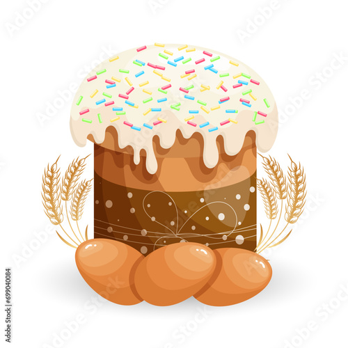 Easter cake with white icing and sprinkles and Easter eggs. Easter illustration, vector