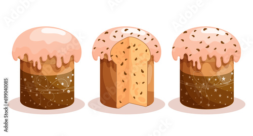Easter cake set. Cakes with icing, whole and sliced. Easter icons, decor elements, vector